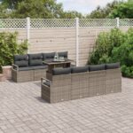 vidaXL 9-dielny zágardený sofa set s vankúšmi Šedý Poly ratan