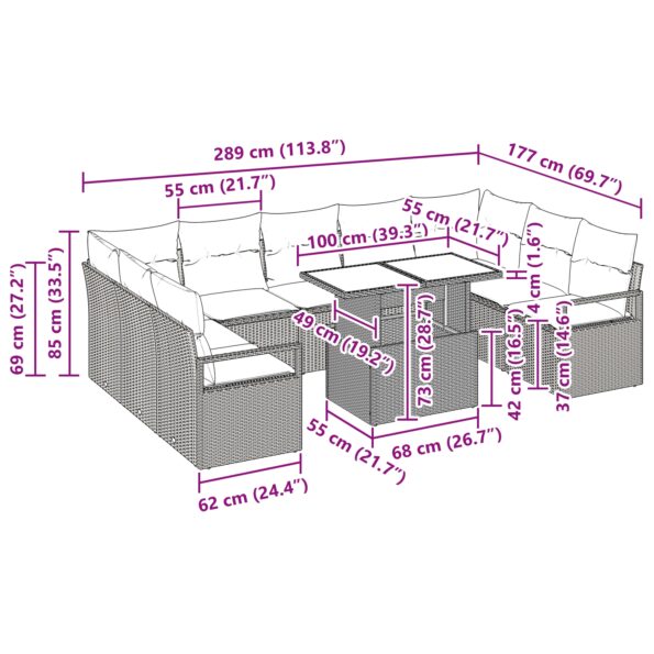 vidaXL 10-dielna záhradná gaučová súprava s vankúšmi Béžový poly ratan – Obrázok 11