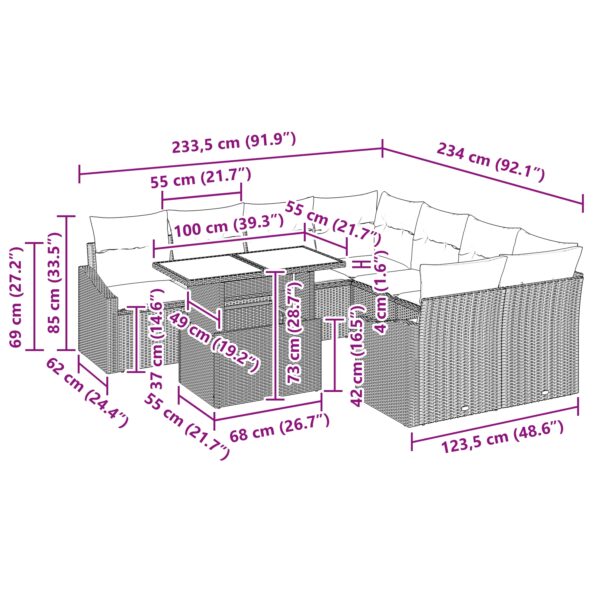 vidaXL 9-dielny súbor záhradných pohoviek s vankúšmi šedý poly ratan – Obrázok 11