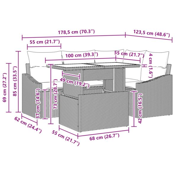 vidaXL 5-dielny záhradný gaučový set s vankúšmi svetlošedého poly ratanu – Obrázok 11