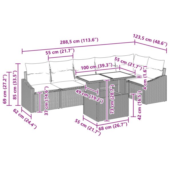vidaXL Súprava 7 kusov záhradných pohoviek s vankúšmi hnedý polyratan – Obrázok 11