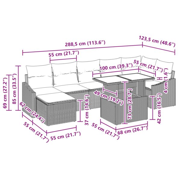 vidaXL 8-dielna záhradná sedacia súprava s vankúšmi sivý poly ratan – Obrázok 12