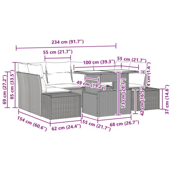 vidaXL 7-dielny záhradný gaučový set s vankúšmi Čierny poly ratan – Obrázok 11