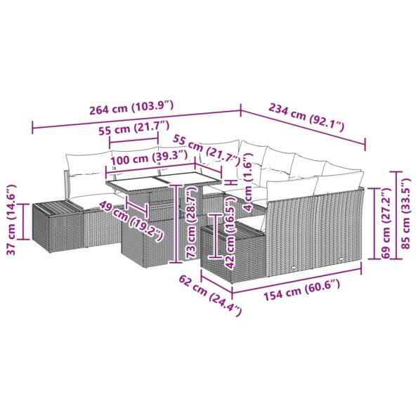 vidaXL 9-dielna záhradná súprava na gauč s vankúšmi béžová poly ratan – Obrázok 11
