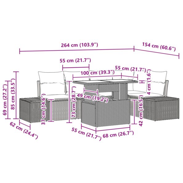 vidaXL 6-dielny záhradný pohovkový set s vankúšmi šedý poly ratan – Obrázok 11