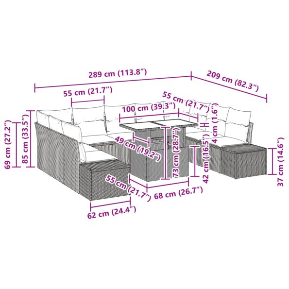 vidaXL Záhradný pohovkový set 10-dielna súprava Béžová a tmavošedá – Obrázok 11