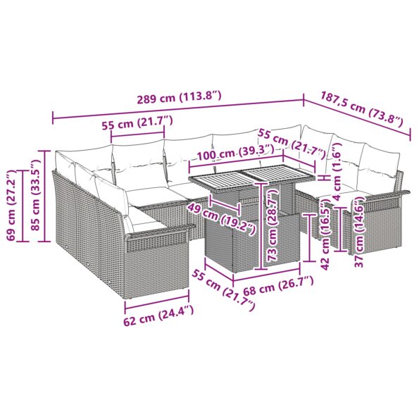 vidaXL Záhradná súprava pohoviek Súprava 10 Šedá Ratan, Polyester – Obrázok 11