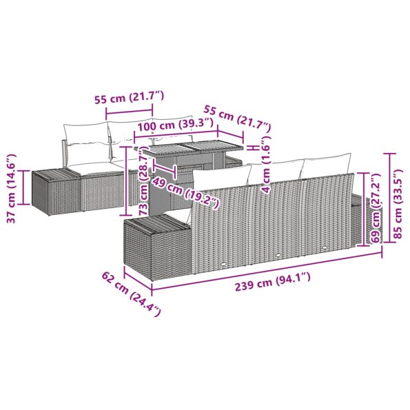 vidaXL Záhradný pohovkový set Sada 8 kusov Béžová Ratan Vonkajší stôl – Obrázok 10