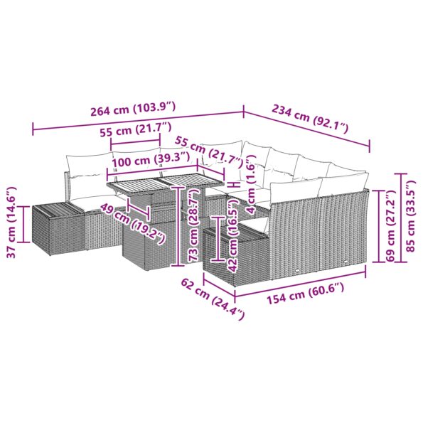 vidaXL záhradná súprava pohoviek Sada 9 Čierna Ratan, Textília – Obrázok 11