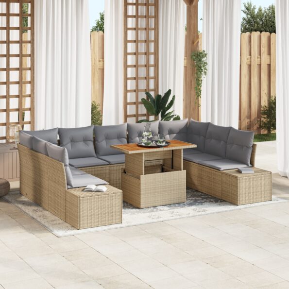 3350007_1.jpg vidaXL Záhradný gauč set Set 10 Béžová, Šedá Ratan, Polyester – Obrázok 1