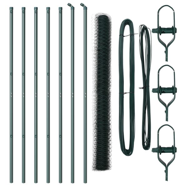 vidaXL Hexagonálny plot Zelený 1.5x10 m Oceľ, vidaXL Plotové stĺpy 7 ks Zelené Ø32 mm 200 cm Pozinkovaná oceľ – Obrázok 2