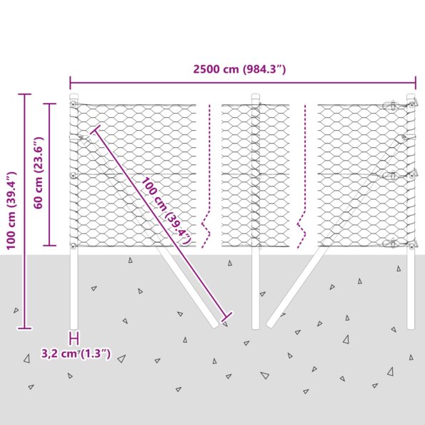 VidaXL hexagonálny plot zelený 0.6x25 m oceľ, VidaXL stĺpy na plot 13 ks zelené Ø32 mm 100 cm pozinkovaná oceľ – Obrázok 12