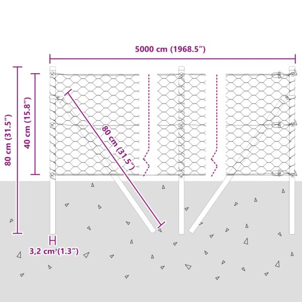 Hexagonálne oplotenie vidaXL Zelené 0.4x50 m Oceľ, Stĺpy vidaXL 13 ks Zelené Ø32 mm 80 cm Pozinkovaná oceľ – Obrázok 12