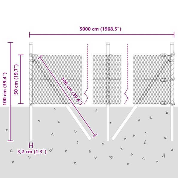 Hexagónový plot vidaXL Zelený 0.5x50 m Oceľ, Plotové stĺpy vidaXL 13 ks Zelené Ø32 mm 100 cm Pozinkovaná oceľ – Obrázok 12