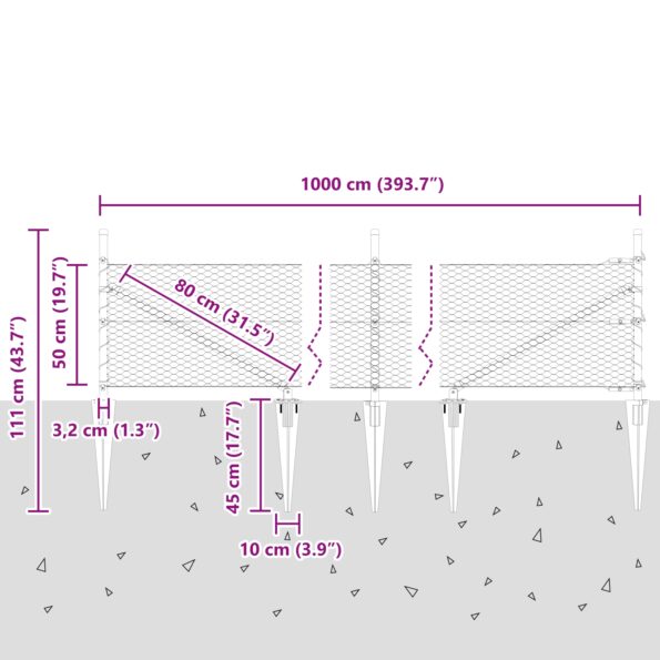 vidaXL šesťuholníkový plot Zelený 0,5x10 m Oceľ, vidaXL plotové stĺpiky so špičkou 7 ks Ø32 mm 80 cm Pozinkovaná oceľ – Obrázok 13