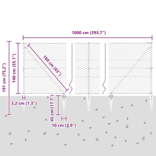 vidaXL Hexagónová ohrada Zelená 1.4x10 m Oceľ, vidaXL stĺpy na ohradu s hrotom 7 ks Ø32 mm 160 cm pozinková oceľ – Obrázok 13