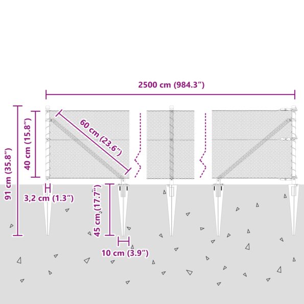 Hexagonálny plot vidaXL Zelený 0.4x25 m Oceľ, Stĺpy na plot vidaXL s hrotmi 13 ks Ø32 mm 60 cm Pozinkovaná oceľ – Obrázok 13