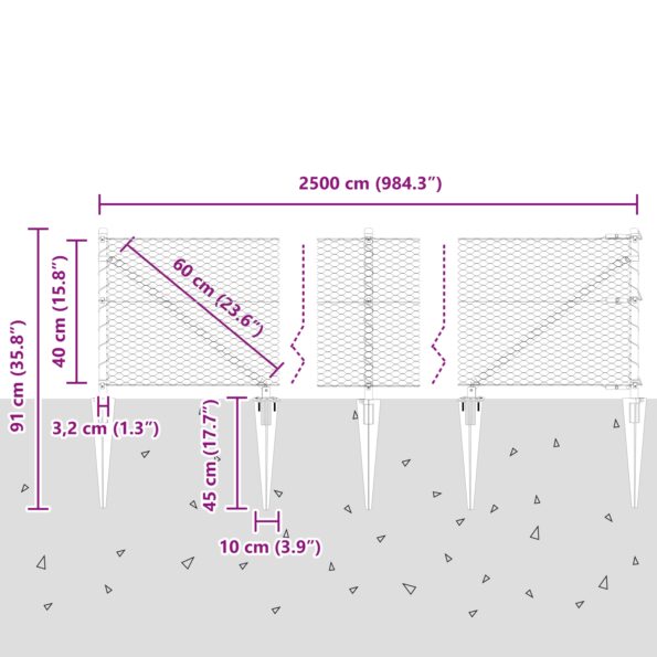 Hexagonálny plot vidaXL Zelený 0.4x25 m Oceľ, Kus plotov vidaXL so špicom 13 ks Ø32 mm 60 cm Pozinkovaná oceľ – Obrázok 13