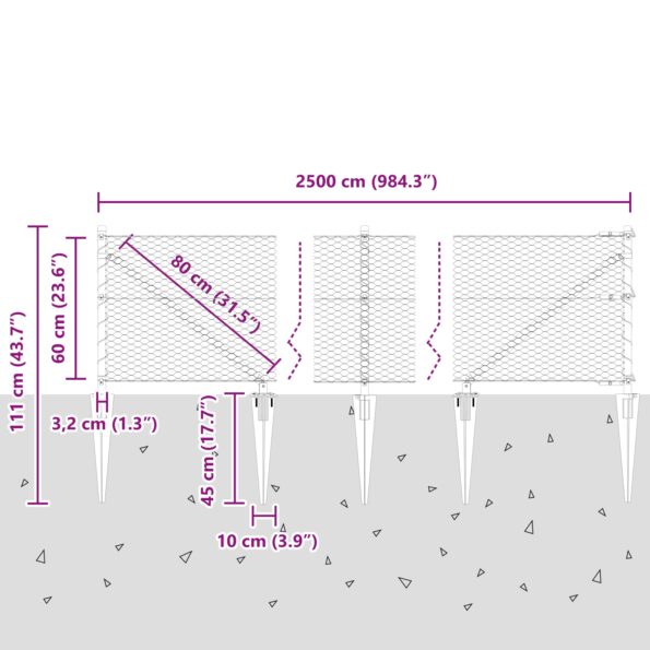 vidaXL Hexagonálne oplotenie Zelené 0.6x25 m Oceľ, vidaXL Oplotenie s hrotom 13 ks Ø32 mm 80 cm Galvanizovaná oceľ – Obrázok 13