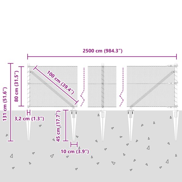 vidaXL Hexagon Fence Zelená 0.8x25 m Oceľ, vidaXL Oplotenie Stĺpiky s hrotom 13 ks Ø32 mm 100 cm žiarovo pozinkovaná oceľ – Obrázok 13
