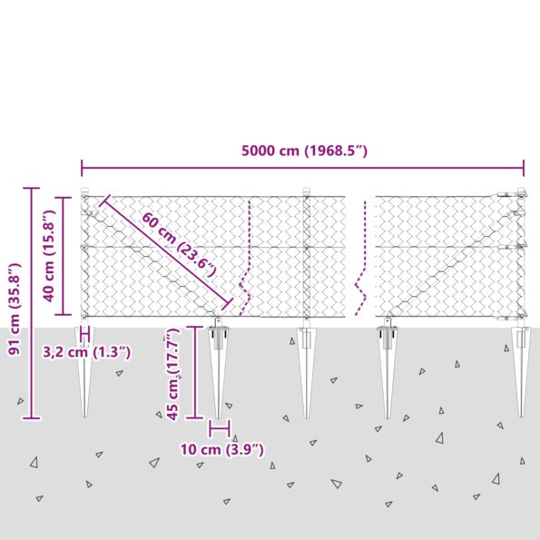 Hexagonálny plot vidaXL Zelený 0.4x50 m Oceľ, Plotové stĺpy vidaXL so špicom 13 ks Ø32 mm 60 cm Galvanizovaná oceľ – Obrázok 13