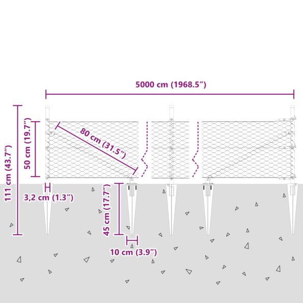 vidaXL Hexagonálny plot Zelený 0.5x50 m Oceľ, vidaXL Stĺpiky na plot so špicom 13 ks Ø32 mm 80 cm Pozinkovaná oceľ – Obrázok 13