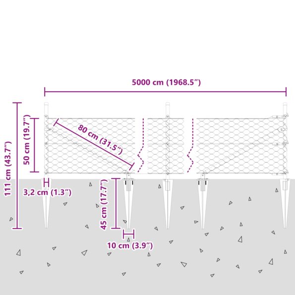 vidaXL Hexagonálny plot Zelený 0.5x50 m Ocelový, vidaXL Stĺpiky k plotu s bodcom 13 ks Ø32 mm 80 cm Galvanizovaná oceľ – Obrázok 13