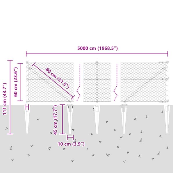 vidaXL Hexagonálne oplotenie Zelené 0,6x50 m Oceľ, vidaXL Oplotenie s hrotmi 13 ks Ø32 mm 80 cm Pozinkovaná oceľ – Obrázok 13