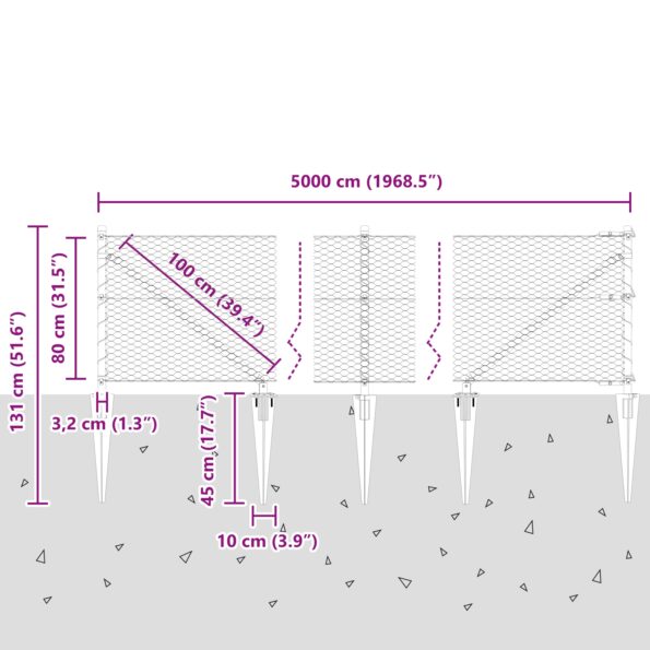 vidaXL Hexagonálne oplotenie Zelené 0.8x50 m Oceľ, vidaXL Stĺpy oplotenia s kolíkom 13 ks Ø32 mm 100 cm Galvanizovaná oceľ – Obrázok 13