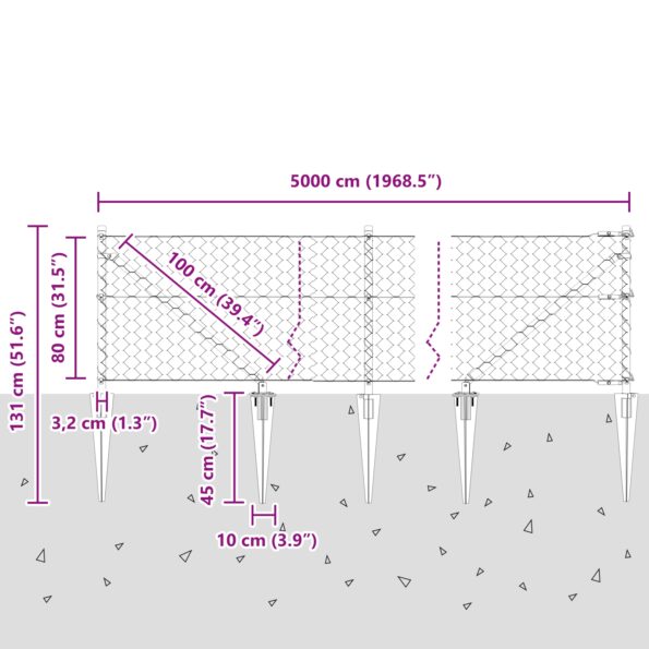 vidaXL Hexagonálny plot Zelený 0.8x50 m Oceľ, vidaXL Plotové stĺpy so špicatým zakončením 13 ks Ø32 mm 100 cm Pozinkovaná oceľ – Obrázok 13