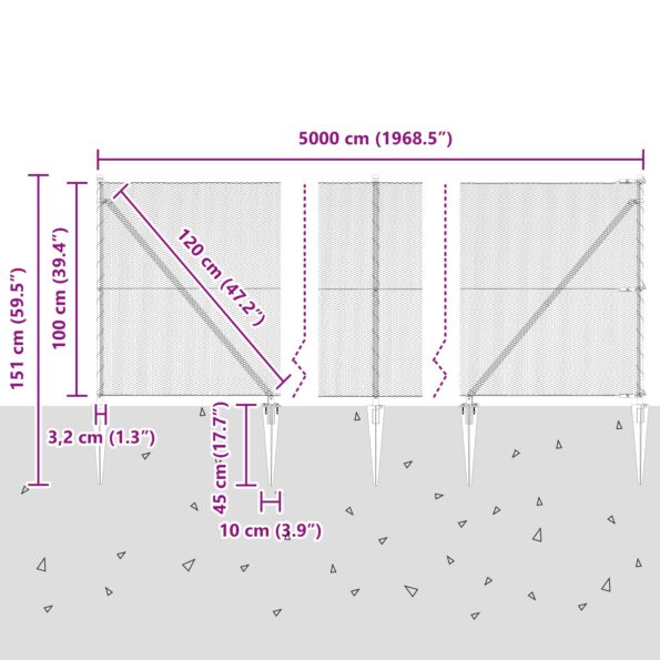 vidaXL Hexagonový plot Zelený 1x50 m Oceľ, vidaXL Stĺpy na plot s hrotom 13 ks Ø32 mm 120 cm Pozinkovaná oceľ – Obrázok 13
