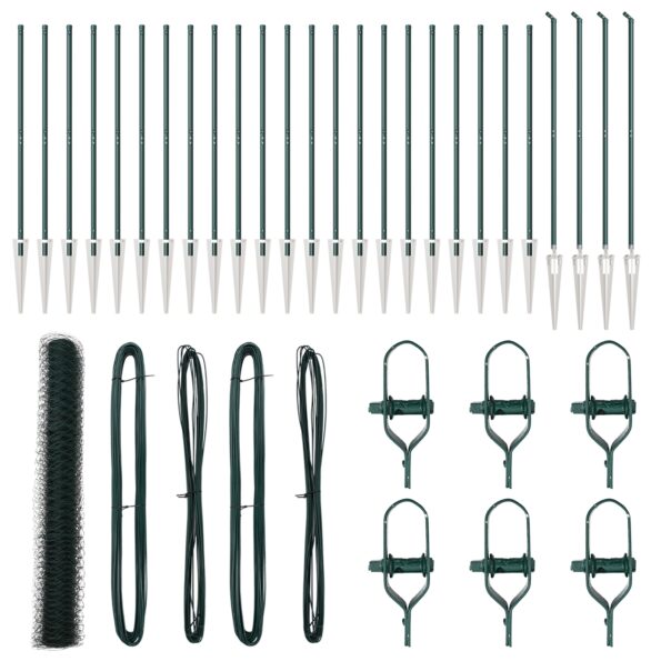 vidaXL hexagónový plot Zelený 1.4x50 m Oceľ, vidaXL plotové stĺpiky so spike 13 ks Ø32 mm 160 cm Pozinkovaná oceľ – Obrázok 2