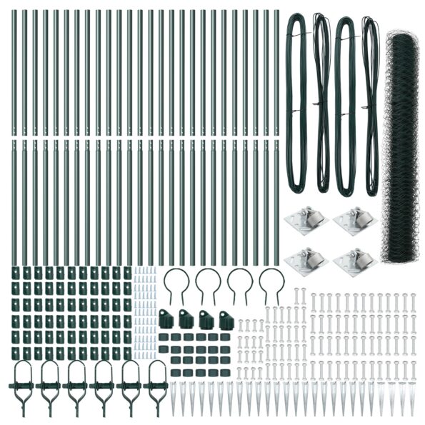vidaXL hexagónový plot Zelený 1.4x50 m Oceľ, vidaXL plotové stĺpiky so spike 13 ks Ø32 mm 160 cm Pozinkovaná oceľ – Obrázok 4