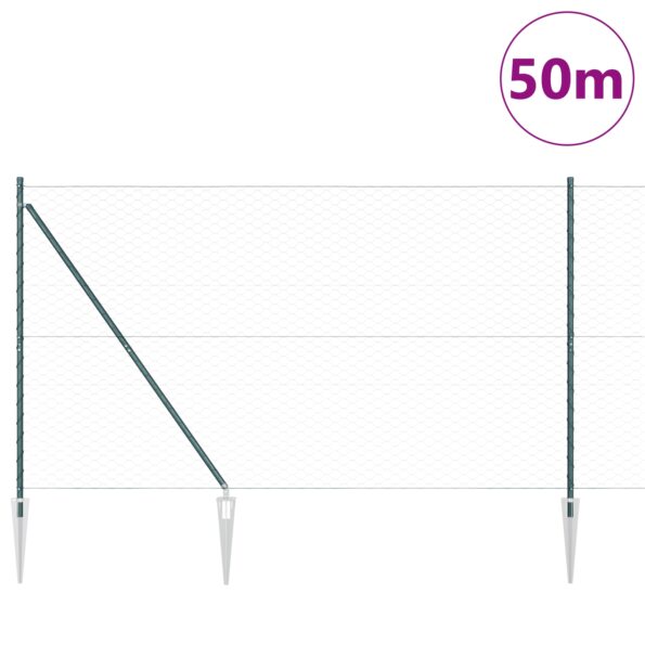 Zelený heksagónový plot vidaXL 1.6x50 m z ocele, Plotové stĺpikové kotvy vidaXL 13 ks Ø32 mm 180 cm z pozinkovanej ocele – Obrázok 3