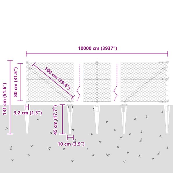 Hexagonálny plot vidaXL Zelený 0.8x100 m Oceľ, Plotové stĺpiky vidaXL so špúľami 13 ks Ø32 mm 100 cm pozinkovaná oceľ – Obrázok 13