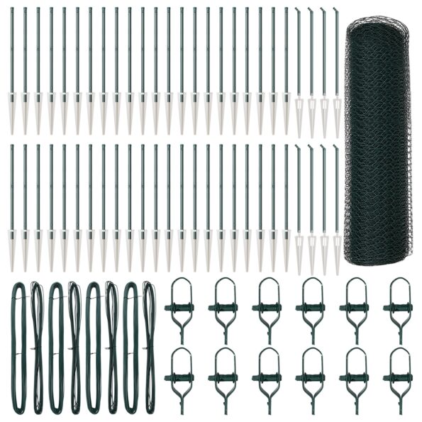 Hexagonálny plot vidaXL Zelený 0.8x100 m Oceľ, Plotové stĺpiky vidaXL so špúľami 13 ks Ø32 mm 100 cm pozinkovaná oceľ – Obrázok 2
