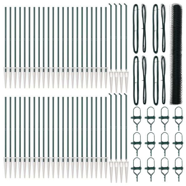 Hexagonálny plot vidaXL Zelený 1,5x100 m Oceľ, Plotové stĺpy vidaXL s hrotom 13 ks Ø32 mm 170 cm Pozinkovaná oceľ – Obrázok 2