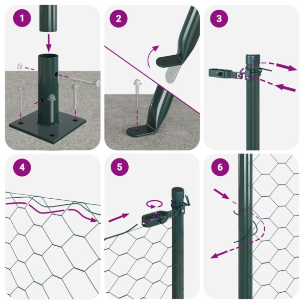 vidaXL hexagónový plot zelený 1x10 m oceľ, vidaXL plotové stĺpy s podlahovými doskami 7 ks Ø32mm 110cm pozinkovaná oceľ – Obrázok 12
