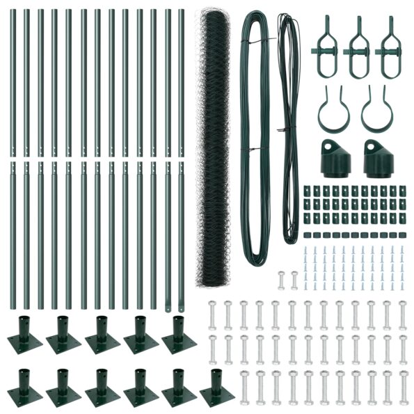 vidaXL šesťuholníkový plot zelený 1.6x25 m z ocele, vidaXL plotové stĺpiky so základnými doskami 13 ks Ø32mm 88.5cm pozinkovaná oceľ – Obrázok 4