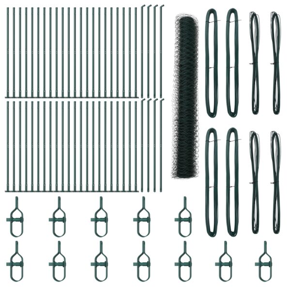 vidaXL šesťuholníkový plot zelený 1,2x100 m oceľ, vidaXL plotové stĺpy s podložkami 13 ks Ø32mm 68,5cm galvanizovaná oceľ – Obrázok 2