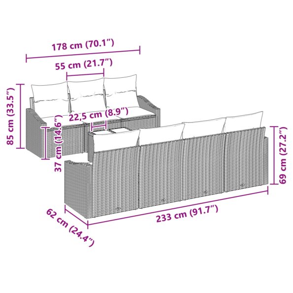 vidaXL Záhradná sedačka   Set 8 ks Béžová Ratan, Polyester – Obrázok 11