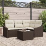 vidaXL Záhradný sofa set Set 5 Krémová, Hnedá Syntetický ratan, Polyester
