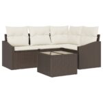 vidaXL Záhradný sofa set Set 5 Krémová, Hnedá Syntetický ratan, Polyester – Obrázok 2