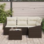 vidaXL Záhradný sofa set Set 5 Krémová, Hnedá Syntetický ratan, Polyester – Obrázok 3