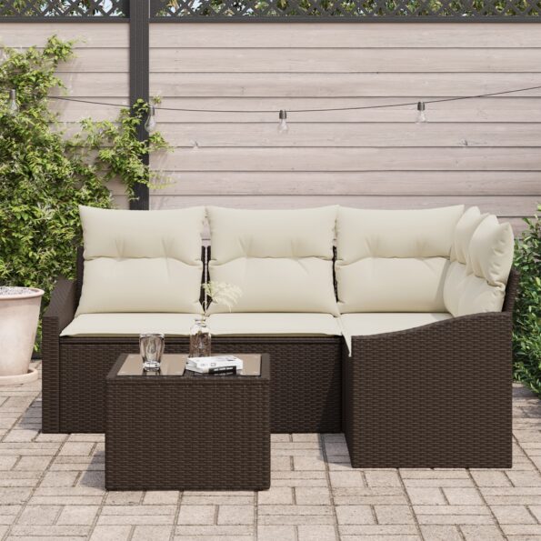 vidaXL Záhradný sofa set Set 5 Krémová, Hnedá Syntetický ratan, Polyester – Obrázok 3