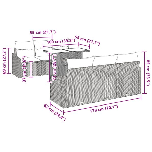 vidaXL Záhradný Gaučový Set Set 7 Čierny a krémový Ratan a Polyester – Obrázok 13