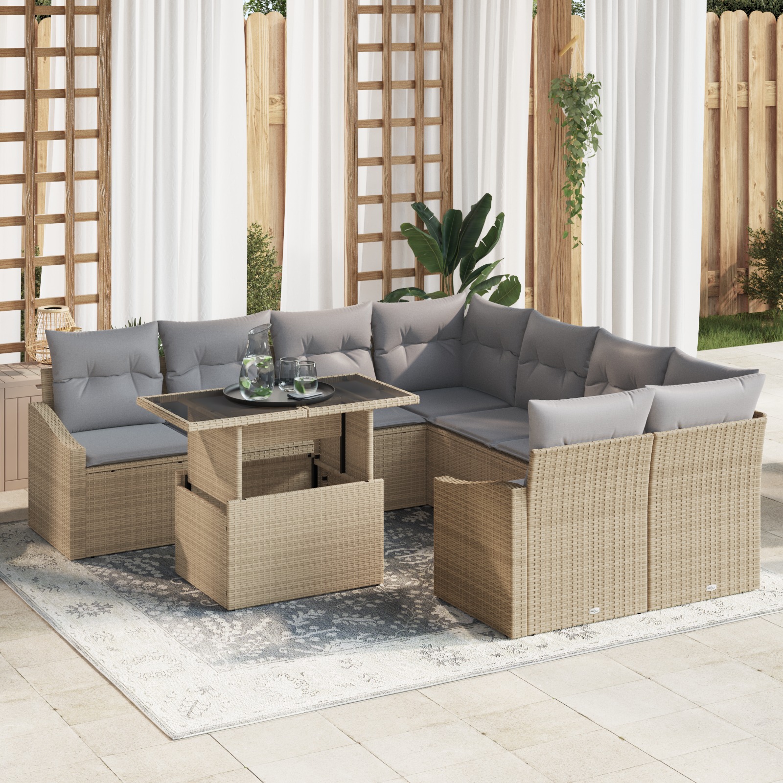 3357713_1.jpg vidaXL Súprava záhradných pohoviek s úložiskom 9 pcs Béžová Poly ratan – Obrázok 1