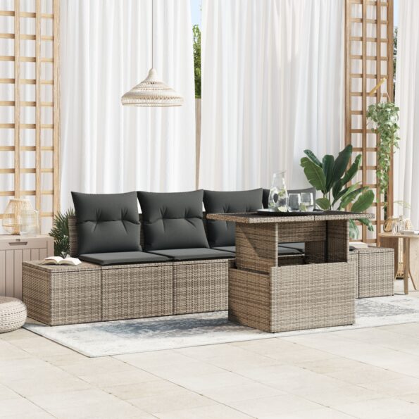 3357822_1.jpg vidaXL záhradný sedací set 5-dielny Sivý Ratan, Polyester – Obrázok 1