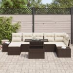 vidaXL 8-dielny záhradný set Hnedý Poly ratan, Tkanina, Oceľ – Obrázok 3