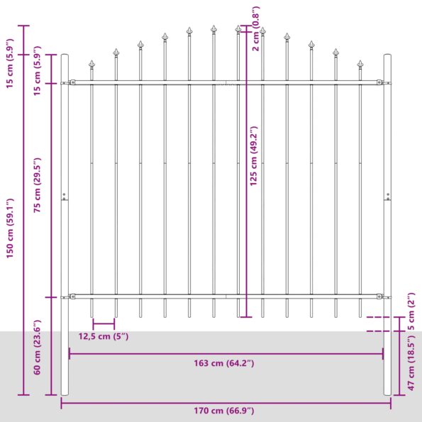 3360126_7.jpg vidaXL Záhradný plot s oblúkovým vrchom, šedý, 11,9x1,25 m, oceľ – Obrázok 7